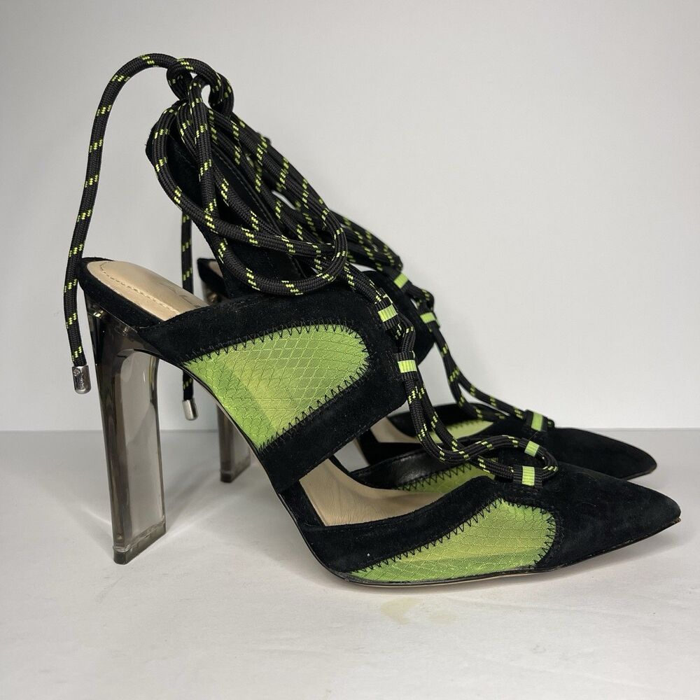 Aldo Stepka Statement Stiletto Heels Black Lime Green Women’s 6.5 Pointy Lace Up